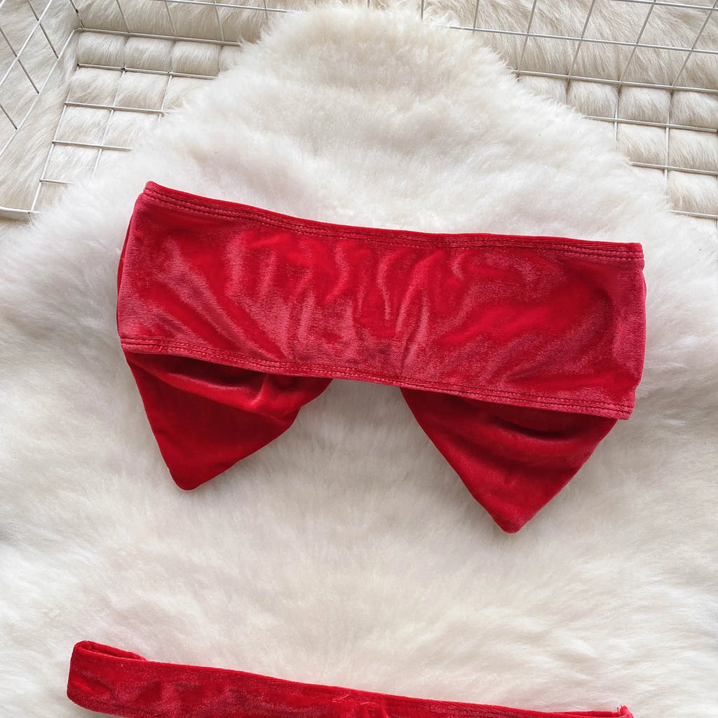SINGREINY Christmas Erotic Lingerie Suits Ladies Strapless Bodycon Short Sleepwear Fashion Velvet Bow Sensual Underwear Sets