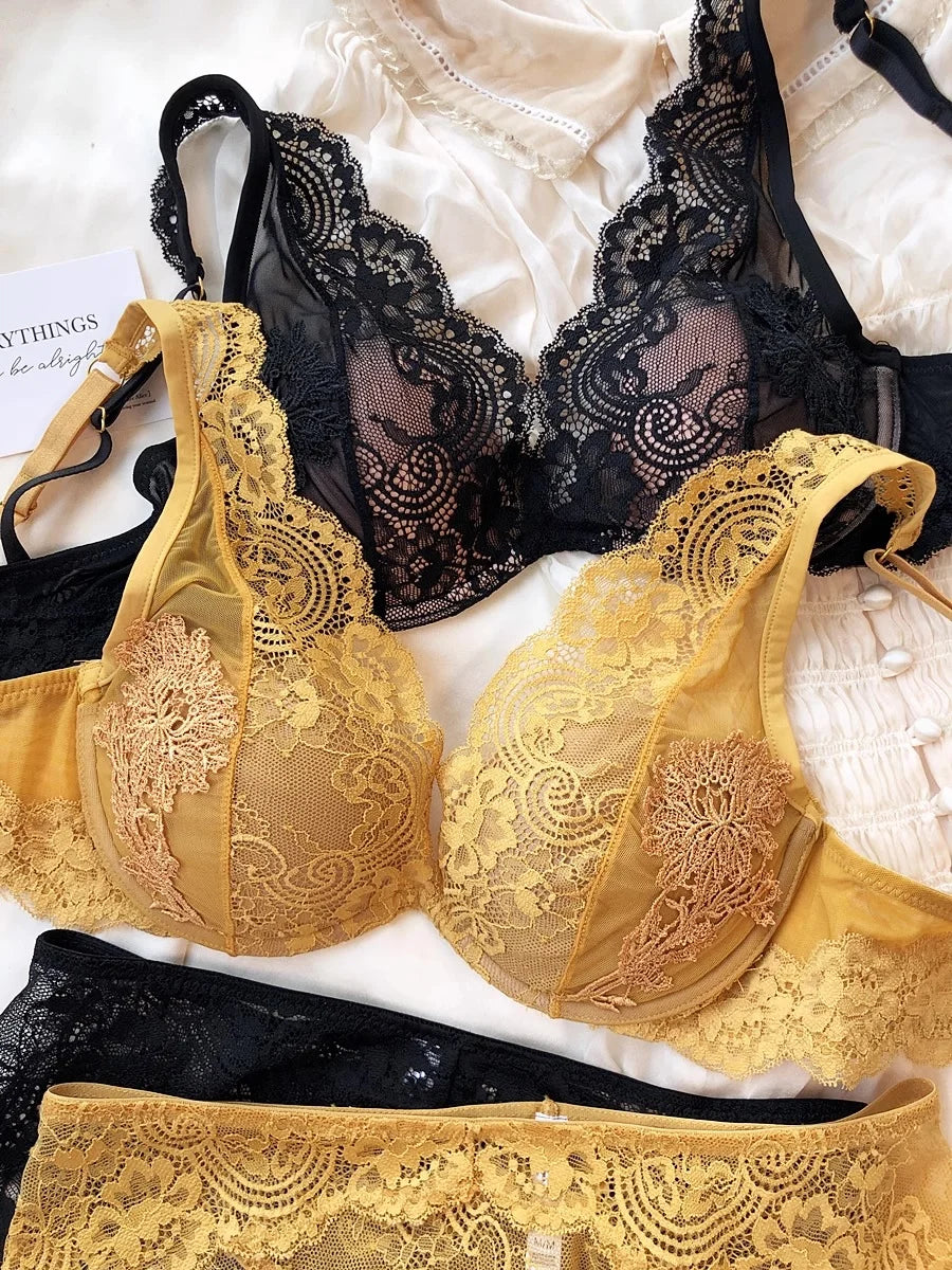 Full Lace Thin Cup Comfortable Young Girls Fashion Intimates, Wire Free Seamless Lingerie For Women Sexy Underwear Bra Pants