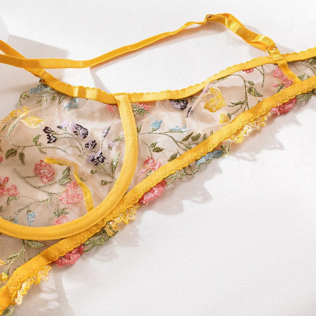Yimunancy Floral Embroidery Lingerie Set Women Sheer 2-Piece Boho Bra + Panty Underwear Set Intimates