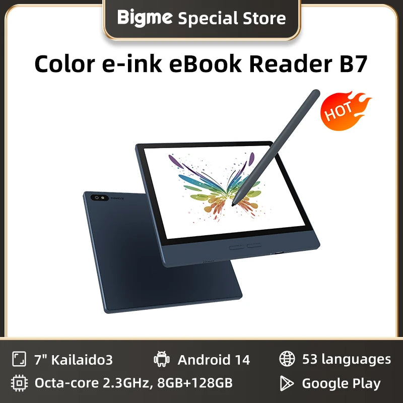 Bigme B7 ebook reader, 7-inch color e-ink screen electronic book, 300PPI, Android14 OS, 8GB+128GB, ePaper tablet with 4G calling Main image