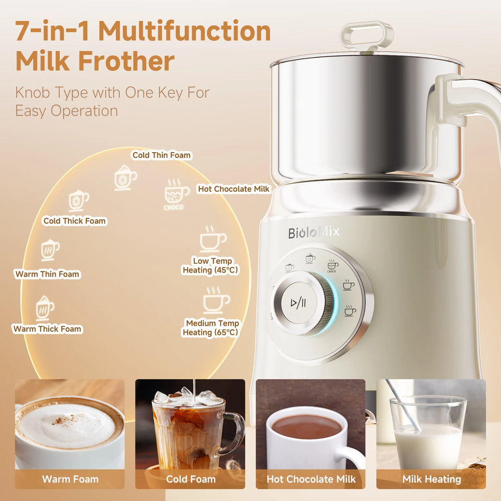 BioloMix 7-in-1 Detachable Electric Milk Frother Steamer Automatic Hot Cold Foam Maker for Coffee And Hot Chocolate