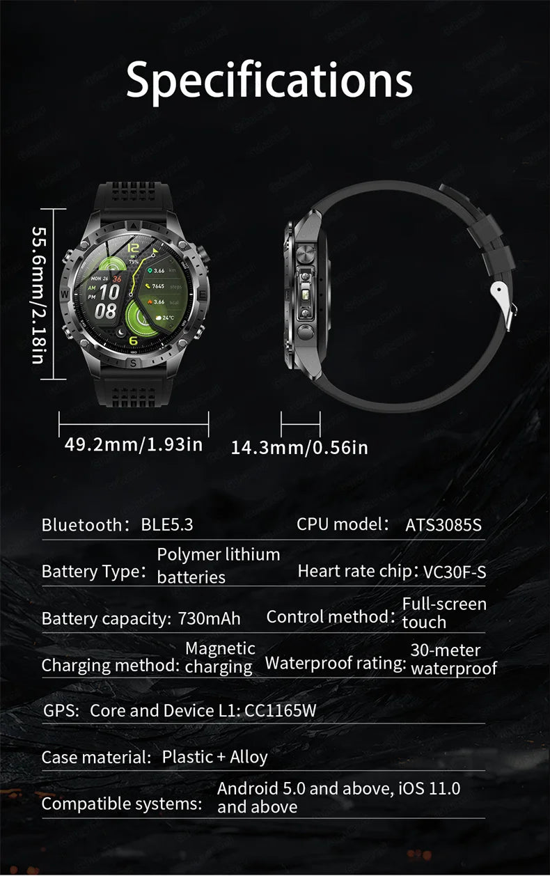 GPS Smart Watch for Men 2G ROM GPS Offline Maps Waterproof Swim Hiking Fitness Tracker Sleep SpO2 Rugged Durable Smartwatch GPS