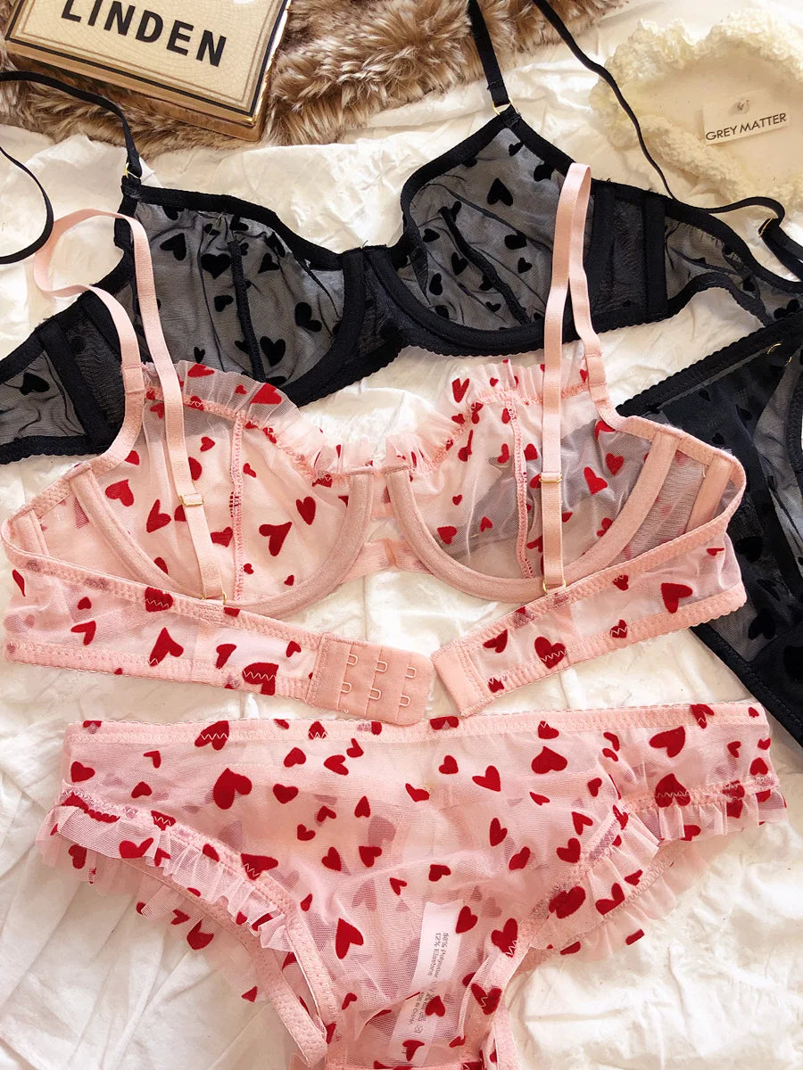 New Lingerie Thongs Set Sexy Ultra Thin Transparent Bra Women Underwire Push Up Bra Set Summer Romantic Peach Heart Underwear