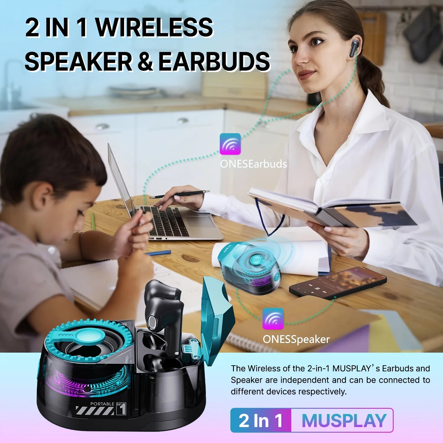 Magnetic 3-in-1 Bluetooth Speaker with Earbuds, Phone Stand,RGB Light, Portable Wireless Headset for iPhone/Android