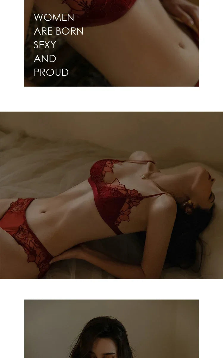 BANERDANNI Pure Desire Victoria French Lace Embroidered Lingerie Women's Thin Cup Triangle Cup Bra Set Comfortable No Underwire