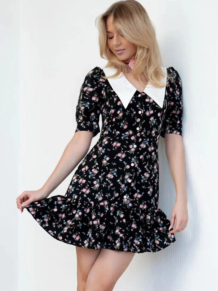 Tossy Printed Lapel Fashion Mini Dress Women's Short Sleeve Patchwork Contrast Elegant Summer Dress 2025 Female Bodycon Dress