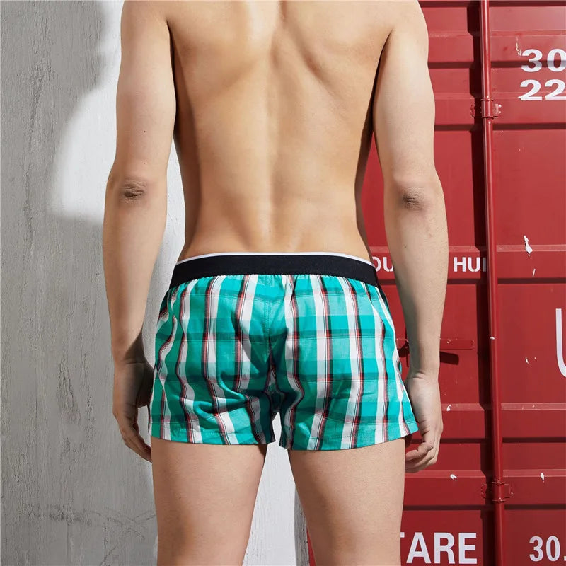 SEOBEAN Classic Plaid Mens Boxer Shorts 100% Cotton Underwear Boxershorts U convex Pouch Arrow Panties Shorts Men Sleep Bottoms
