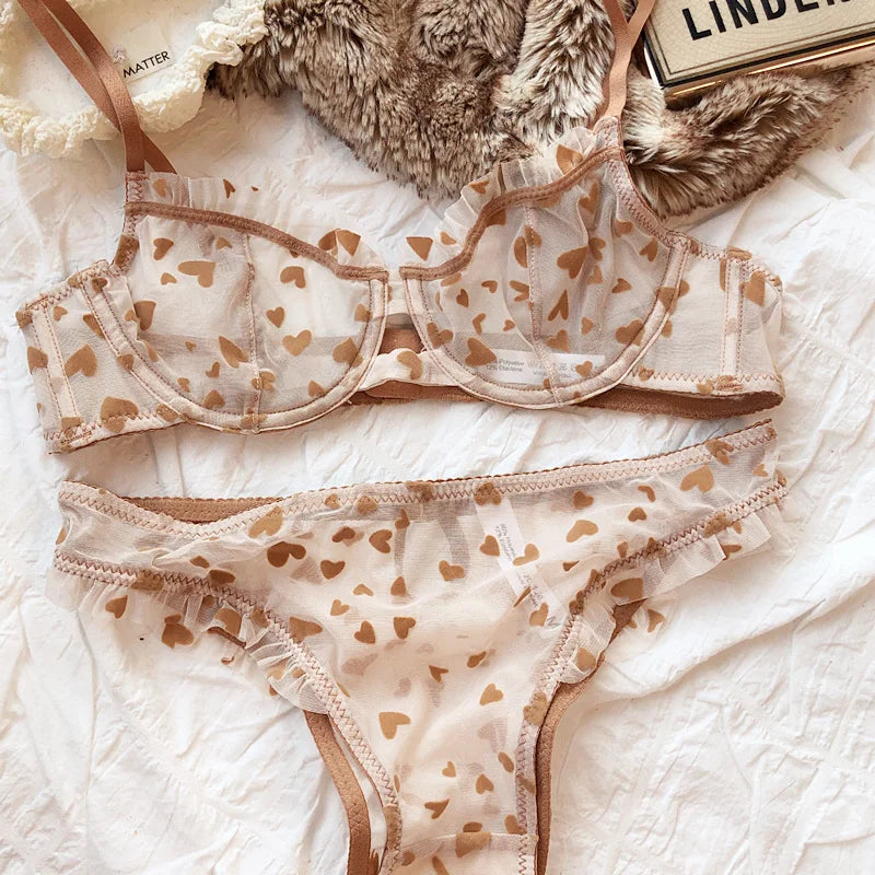 New Lingerie Thongs Set Sexy Ultra Thin Transparent Bra Women Underwire Push Up Bra Set Summer Romantic Peach Heart Underwear