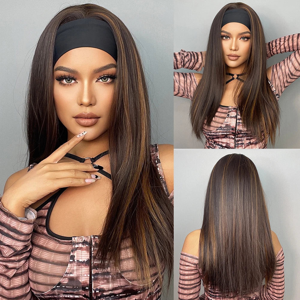 ALAN EATON Long Blonde Synthetic Headband Wig Ombre Blonde Straight Hair Wigs Natural Looking Heat Resistant Fiber for Daily Use