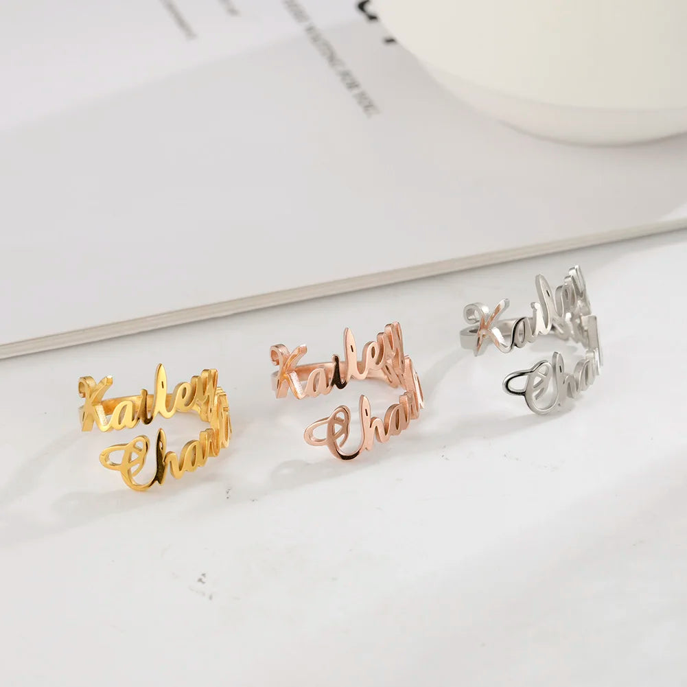 Custom Double First Name Finger Ring For Women Men Personalized Couple Family Gift Gold Color Stainless Steel Metal Jewelry