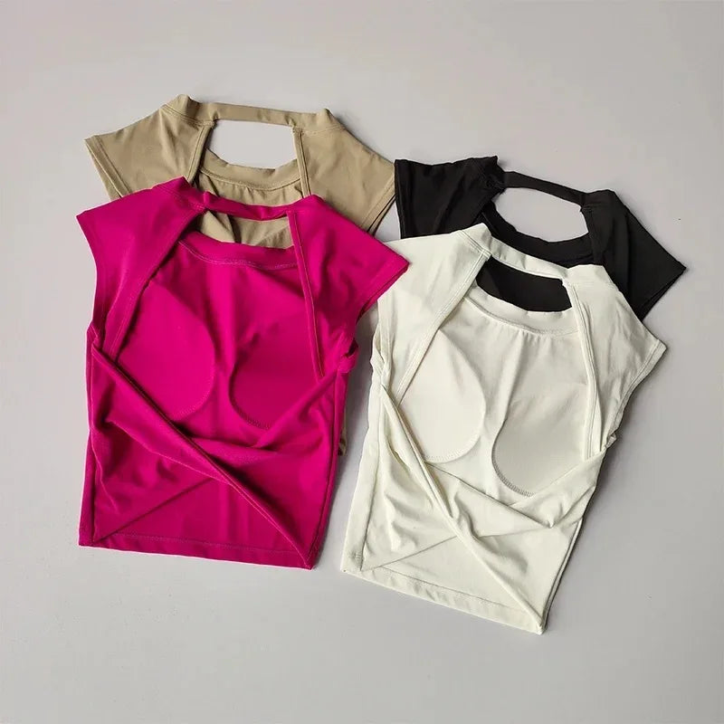Women's Slim Fit Open Back Sports Tank Built in Fixed Cups Breathable Pilates Yoga Workout Top