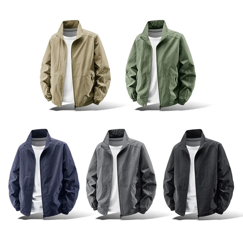 Men's Stand Collar Jacket Spring Breathable Lightweight Anti-Wrinkle Windbreaker Outdoor Sport Casual Quick-Drying Work Jackets