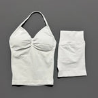 2 Pieces Sports Set Women Backless Halter Tops Fitness Tank Top High Waist Seamless High Stretch Shorts Gym Workout Sets