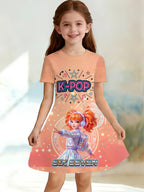 Kpop Cartoon Graphic Dress for Girls Funny Gift for Fan Harajuku Girl Clothes Summer Tops Short Sleeve Dress Children's Clothing