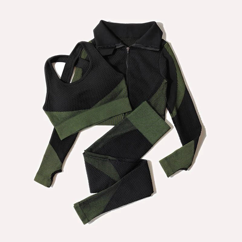 2/3Pcs Women Yoga Suit Seamless Knitted Yoga Pants Leggings Clothing Zipper Long Sleeve Crop Top Fitness Wear Sportswear Gym Set