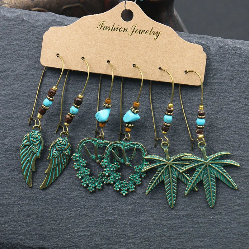 Boho 3Pcs/set Ethnic Leaf Bronze Earrings Set Vintage Hanging Earrings for Women Gypsy Statement Jewelry Accessories Pendientes