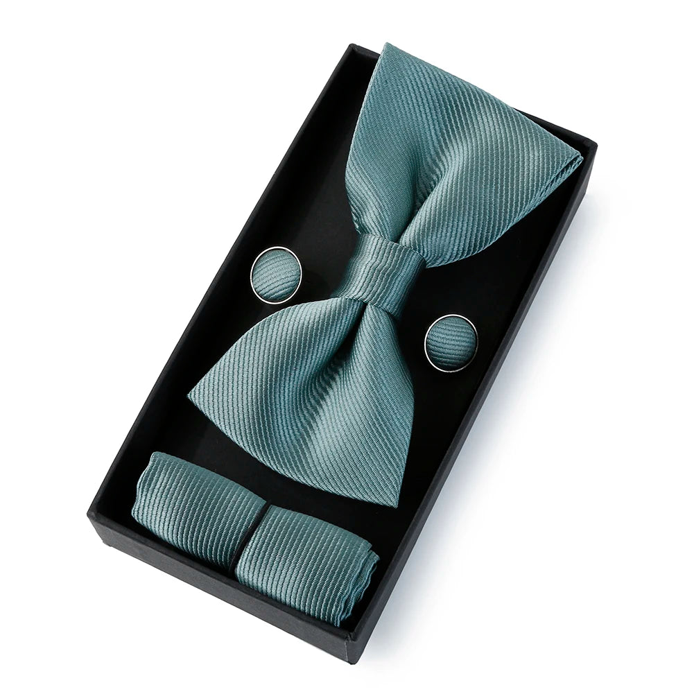HUISHI Classic Black Bowtie Bow Ties For Mens Butterfly Bowknot Pocket Square Cufflinks Suit Set Bussiness Accessories Gift Box