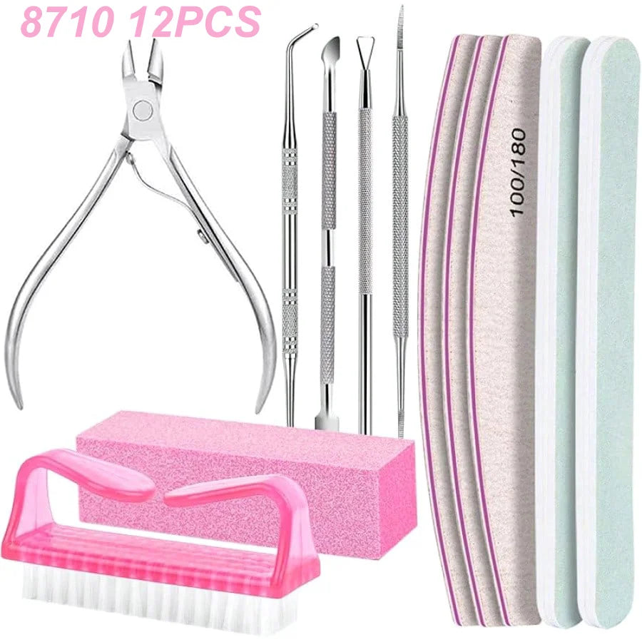 12Pcs/lot Nail Art 100/180 Grit Professional Files Buffer Sponge Block Brush Nail Scissors Kit With Cuticle Nipper Pushers