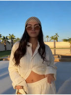 Beige Two Piece Set Women Oversized Button Down Shirt & High Waist Wide Leg Pants Y2k Summer Vacation Kaftan Outfit