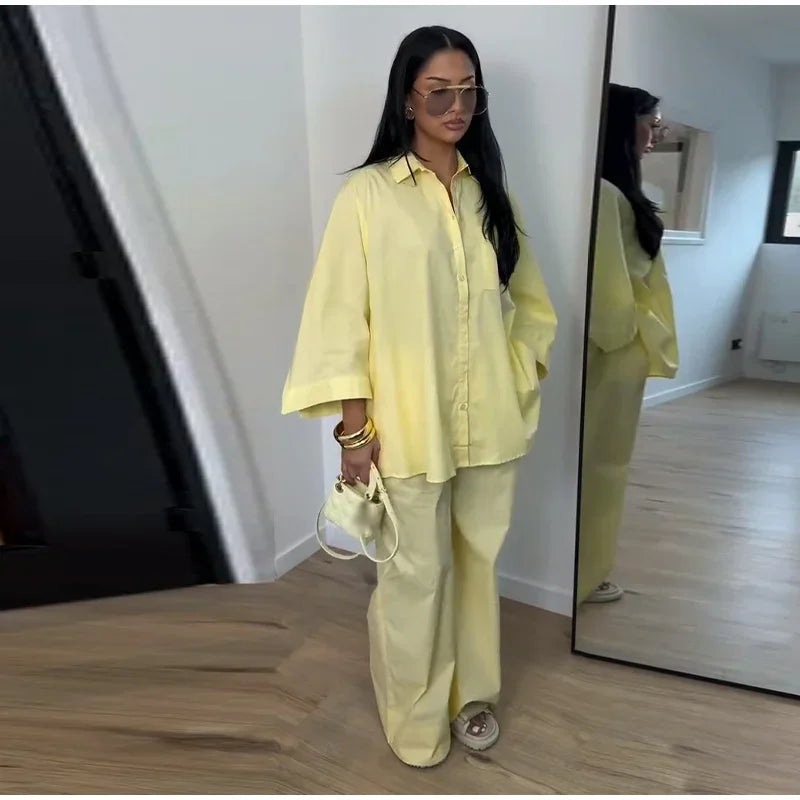 Women Solid Lapel Full Sleeves Pant Suits Chic Single Breasted Wide-leg Long Pants Sets 2026 Lady  Casual Daily Loose Fit Outfit