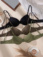 3PCS Women's Underwear Set Lace Trim Ribbed Push Up Bra Bow Comfortable Underwire Support Women's Bra
