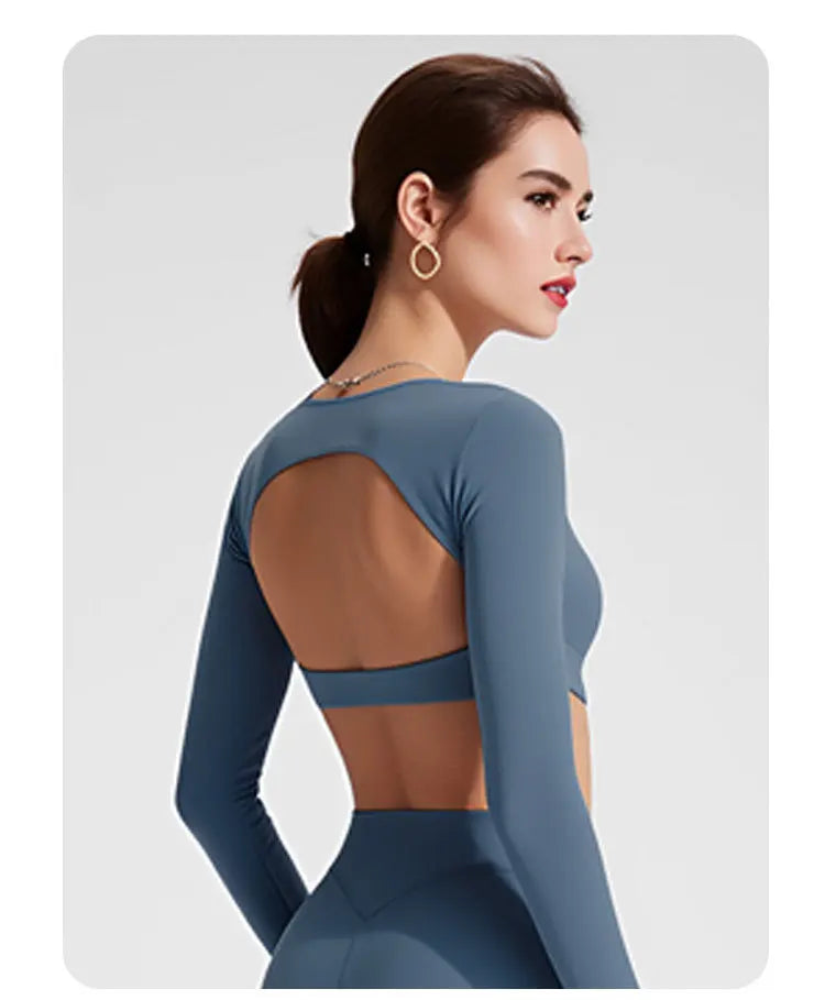 NCLAGEN Sports Tops Gym Women Fitness T Shirt Long Sleeve Open Back Pilates Yoga Padded Crop Top Running Workout Fitness Blouse