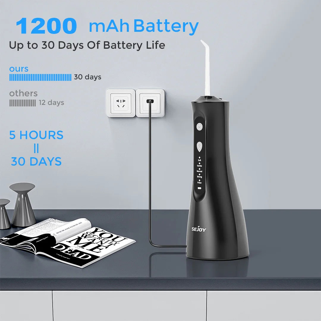 SEJOY Portable Electric Water Flosser Irrigator Dental Teeth Whitening strips 350ML Tank 5 Modes 5 Jet Tips For Home Travel