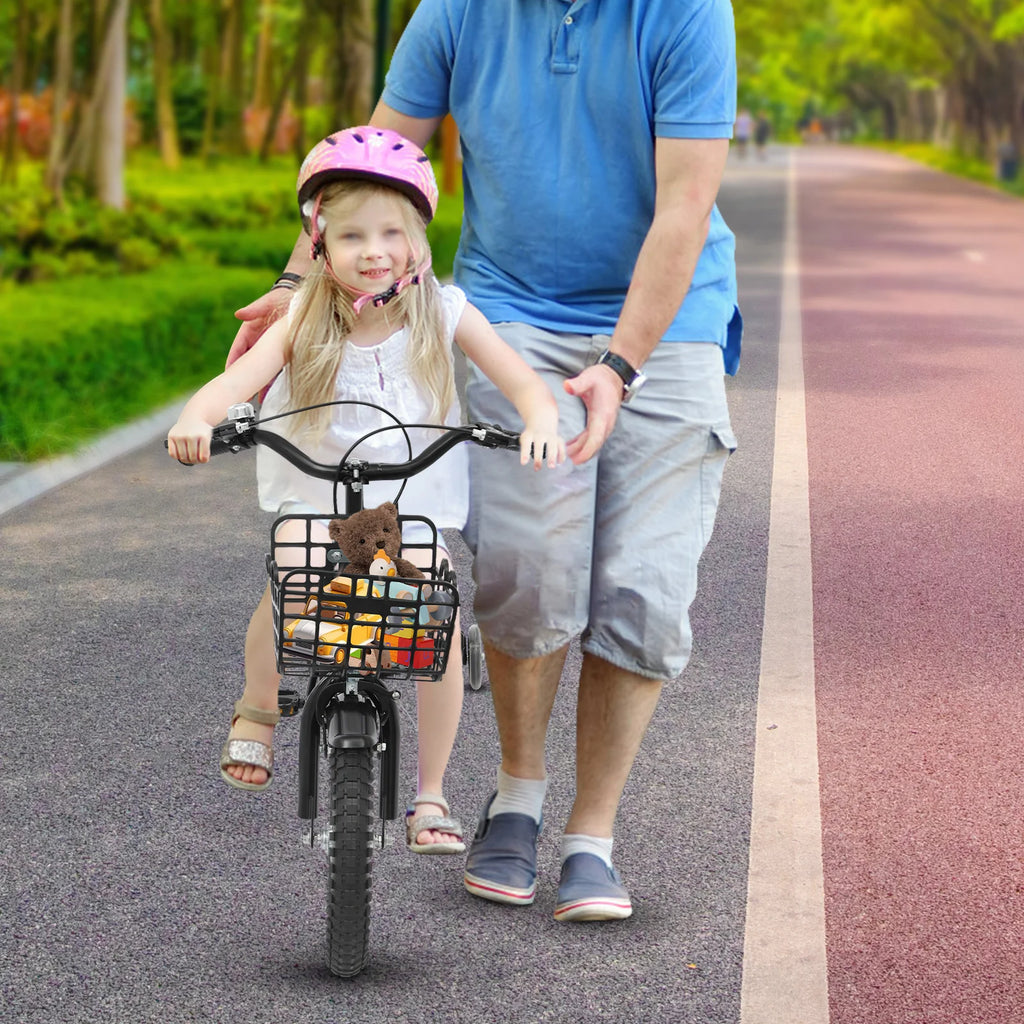 14" Kids Bike Adjustable Children's Bicycle Load 60kg w/Training Wheels+Basket+Backrest Rear Seat for 3-7 Year Old (White/Black)