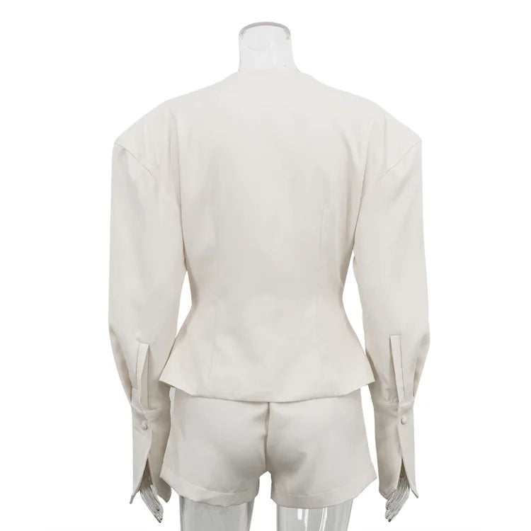 FANTOYE Sexy Deep V-Neck Long Sleeve Shoulder Pads Women 2 Piece Sets Beige Single Breasted Tops Short Pants Winter Lady Outfits