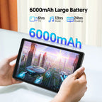 10-inch tablet, Android 14, quad-core processor, 4GB RAM (2GB+2GB expandable), 32GB storage, Wi-Fi, dual cameras, 6000mAh