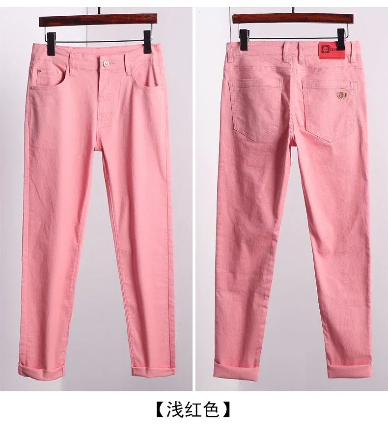 5 Colors Men's Colorful Denim Stretch Stretch Jeans Elastic Yellow Pink Red Slim Male Clothing Simple Business Denim Trousers