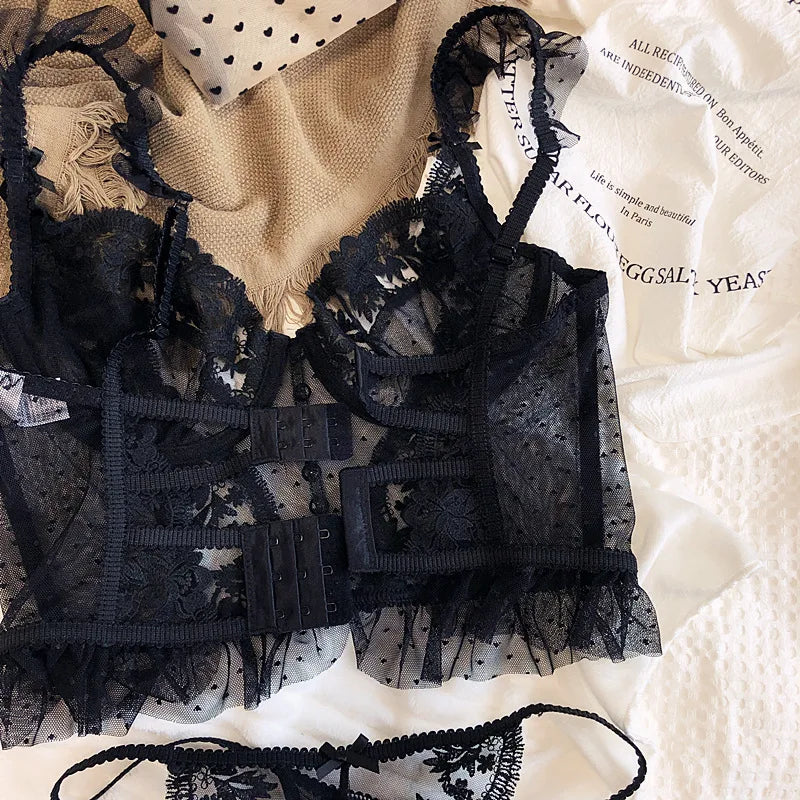 Hot Sale French Sexy Lingerie Set for Women Ultra Thin See Through Bra Panty Set Embroidery Lace Shaping Camisole Underwear Set