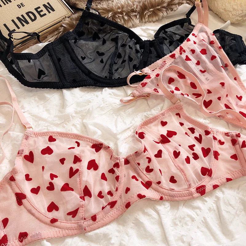 New Lingerie Thongs Set Sexy Ultra Thin Transparent Bra Women Underwire Push Up Bra Set Summer Romantic Peach Heart Underwear