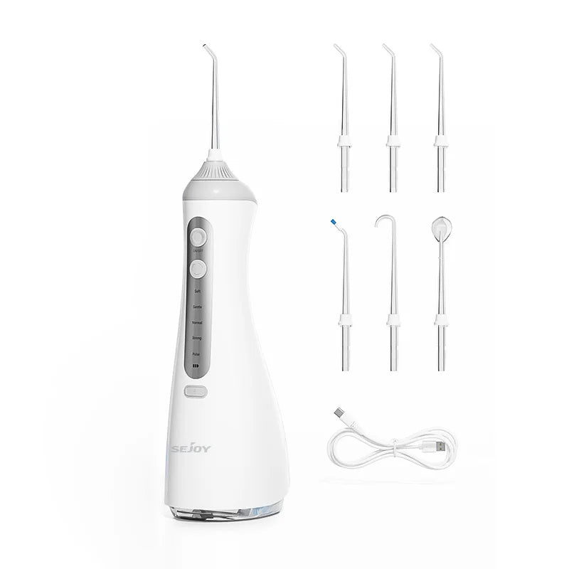 SEJOY Portable Electric Water Flosser Irrigator Dental Teeth Whitening strips 350ML Tank 5 Modes 5 Jet Tips For Home Travel