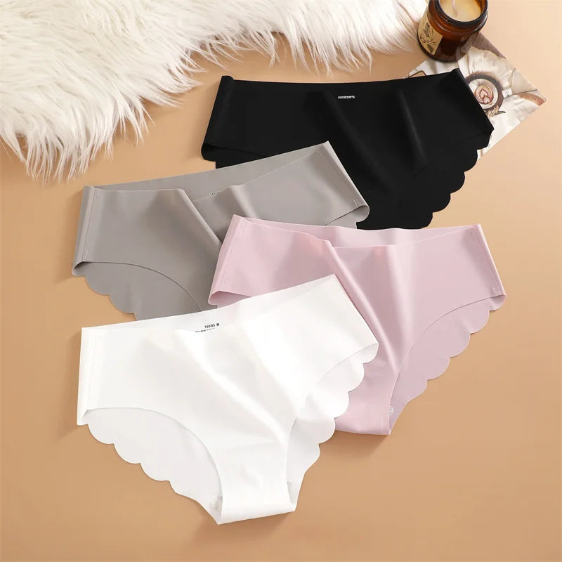 7PCS/Set Ice Silk Seamless Panties Women's Briefs Solid Color Elastic Underwear Female Ultra Thin No Trace Wavy Side Panties
