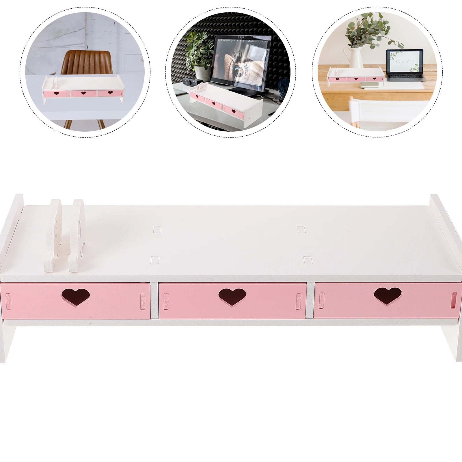 White Pink Computer Heightened Shelf Stand Lapdesk with Drawer Computer Desktop Organizer Office Riser Monitor Bracket Stand