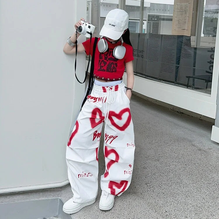 2026 summer spring teens tracksuit Girls cloth heart graffiti 1pc t-shirt top or long wide leg pant Kid 4 6 7 8 9 10 12 14 year