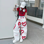 2026 summer spring teens tracksuit Girls cloth heart graffiti 1pc t-shirt top or long wide leg pant Kid 4 6 7 8 9 10 12 14 year