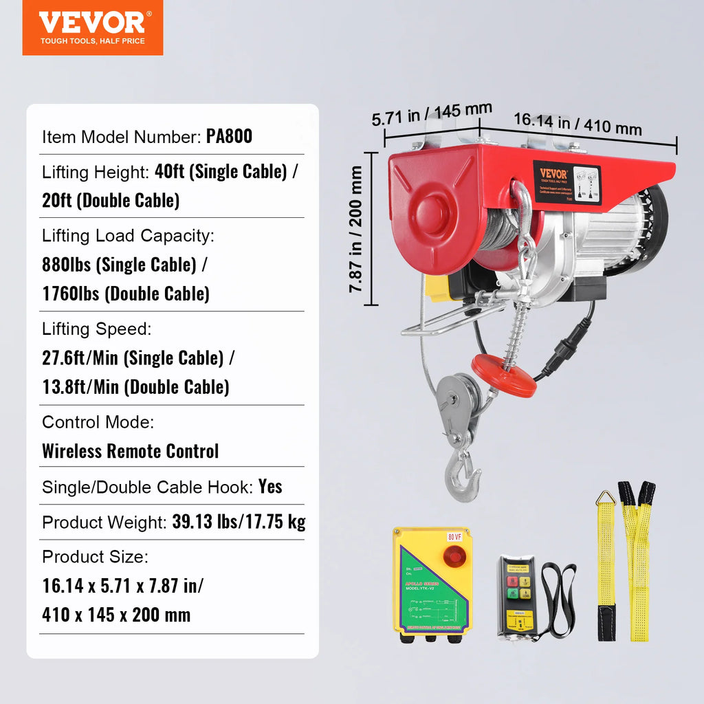 VEVOR 1320/1760/2200 lbs Electric Cable Hoist Winch with Wireless Remote Control & Emergency Stop for Garage Warehouse Lifting