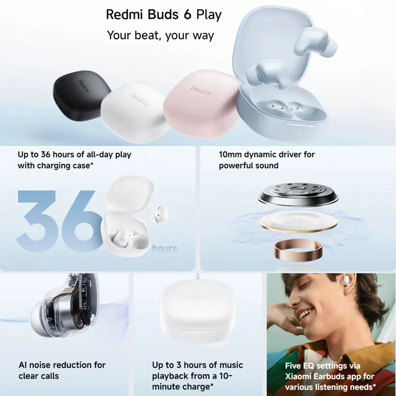Xiaomi Redmi Buds 6 Play Wireless Bluetooth Earphone, AI Noise Reduction, Touch control Wireless Earphone, Long Endurance BT5.4
