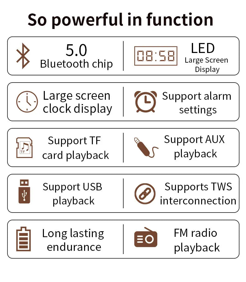 Domars Wireless Bluetooth 5.0 Speakers Wooden Alarm Clock Display Sound System Player with AUX TF FM Radio Subwoofer Box