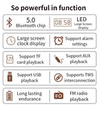 Domars Wireless Bluetooth 5.0 Speakers Wooden Alarm Clock Display Sound System Player with AUX TF FM Radio Subwoofer Box