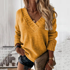 Fashionable casual women's autumn and winter new solid color sweater women's foreign trade V-neck long sleeve pullover knit top