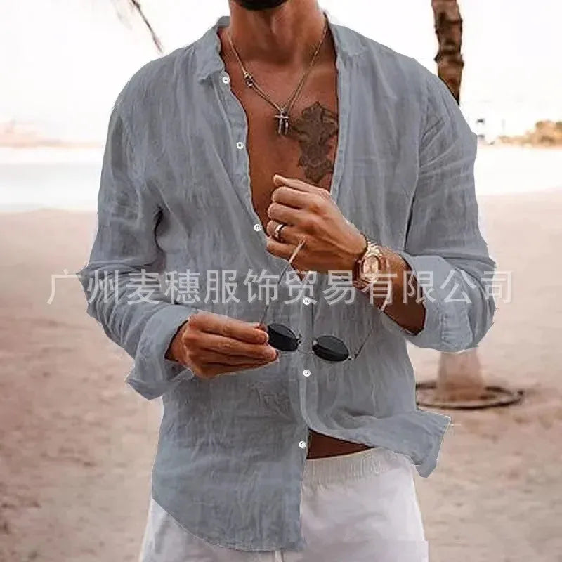 2026 Men's Cotton Linen Shirts Top Simple Laple Solid  Man Shirts Tops Comfortable Loose Casual Holiday Shirts for Men Blouses