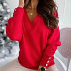 Spring Autumn Women Pure Soft Long Sleeve Sweater V-neck Fashion Jumper Office Lady Button Loose Casual Pullover Top Sweaters