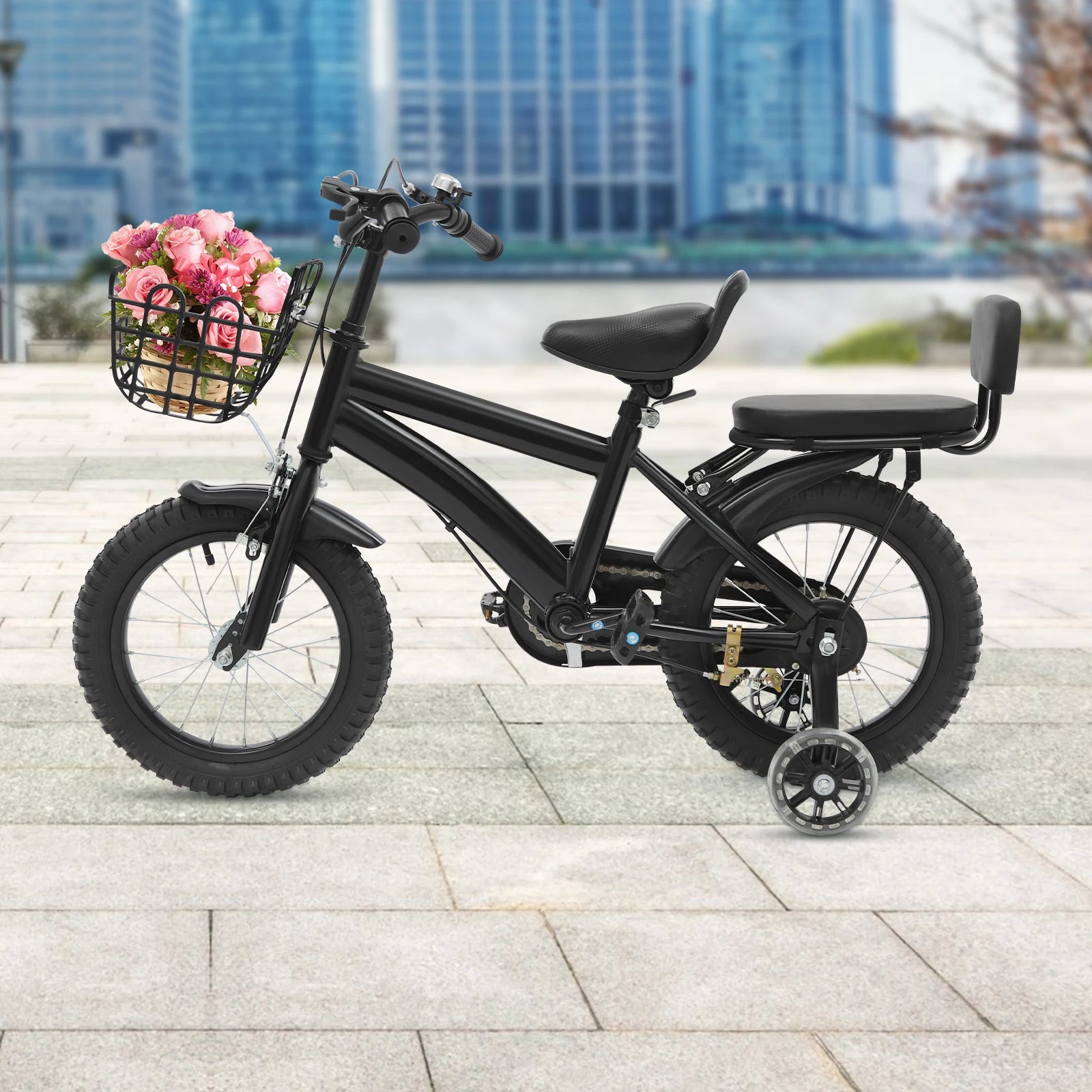 14" Kids Bike Adjustable Children's Bicycle Load 60kg w/Training Wheels+Basket+Backrest Rear Seat for 3-7 Year Old (White/Black)