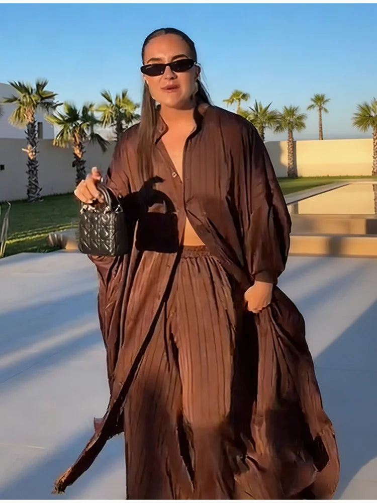 Beige Two Piece Set Women Oversized Button Down Shirt & High Waist Wide Leg Pants Y2k Summer Vacation Kaftan Outfit