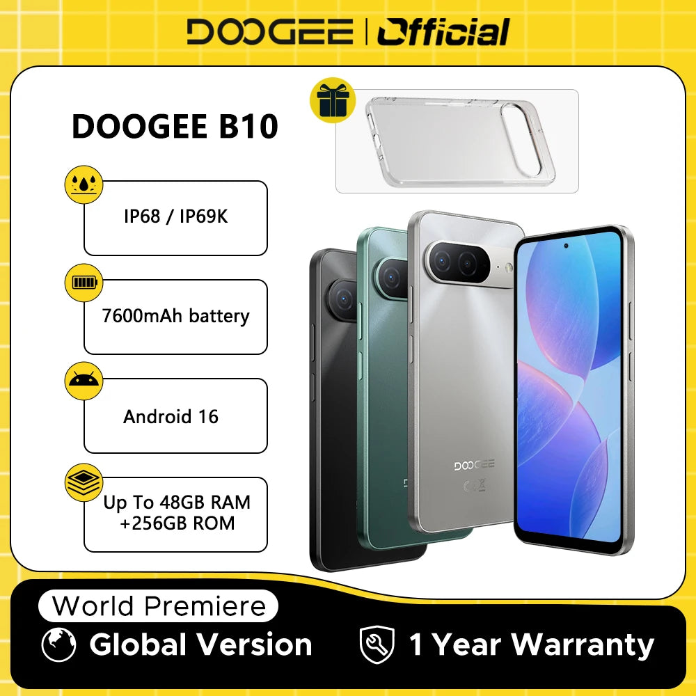 World Premiere DOOGEE B10 Smartphone 7600mAh Battery 6GB 256GB 6.6'' Display 64MP AI Camera Gemini AI Android 16 Mobile Phone Main image