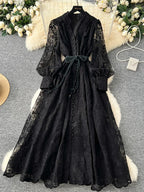 Spring Autumn French High-end Women's Dress New Lace Embroidery V-neck Lantern Sleeves Single Breasted Party Birthday Dress C192