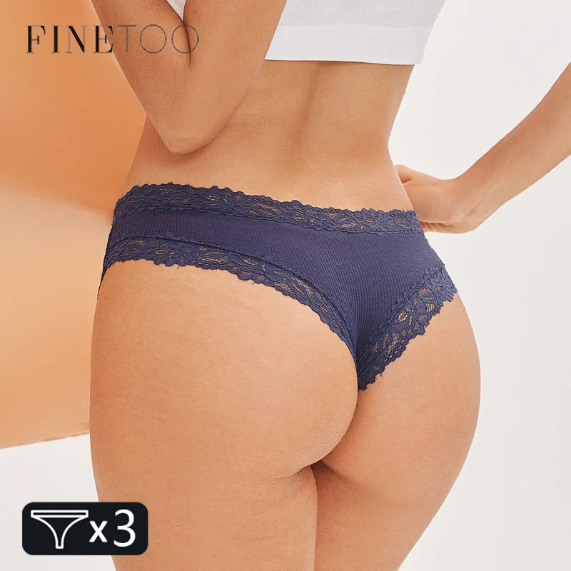 FINETOO 3Pcs Women Cotton Underwear Panties Sexy Lace Brazilian Briefs Low Waist Floral Solid Color G-string Breathable Lingerie Main image